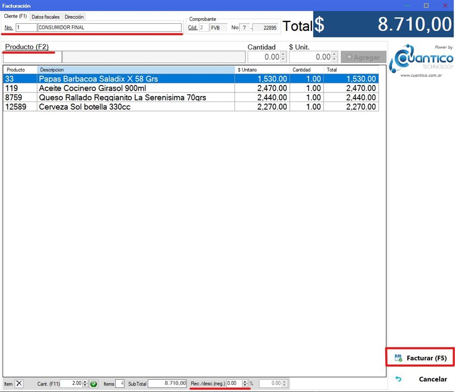Captura real de Cuantico ERP: facturador