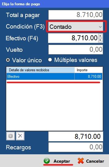 Captura real: elección de la forma de pago