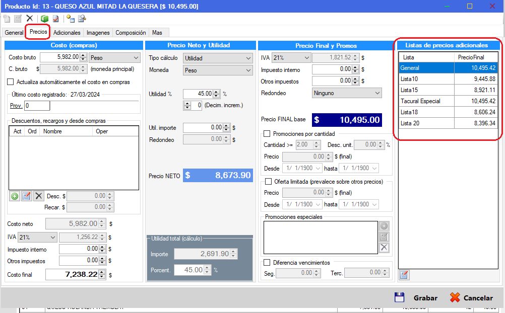 Captura real de Cuantico ERP: ficha de producto con costos y listas de precios, datos que consulta la preventa
