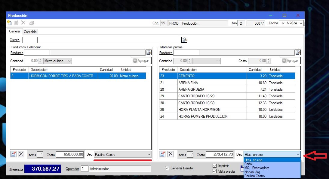 Captura real de Cuantico ERP: orden de producción