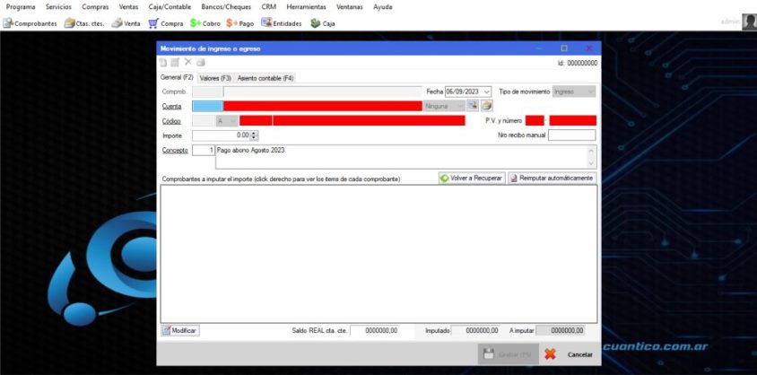 Captura real de Cuantico ERP: Formulario de ingreso con cuenta, importe, concepto y comprobantes a imputar.