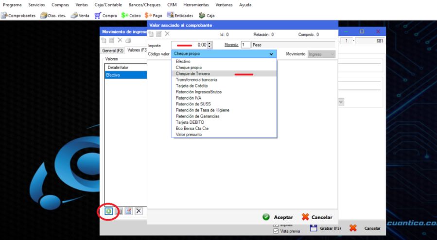 Captura real de Cuantico ERP: Listado de códigos de valor disponibles al agregar un valor al cobro.