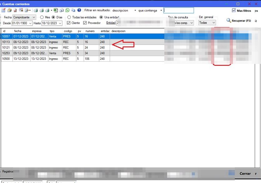Captura real de Cuantico ERP: Grilla de cuentas corrientes con los comprobantes de una entidad y su saldo.