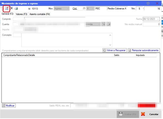 Captura real de Cuantico ERP: Recibo de cobranza abierto con el botón Editar para imputar.