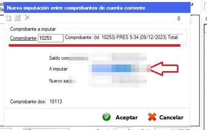 Captura real de Cuantico ERP: Ventana de nueva imputación con el comprobante, el monto a imputar y el nuevo saldo.