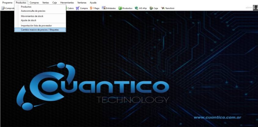 Captura real de Cuantico ERP: Menú Productos con la opción Cambio masivo de precios / Etiquetas.
