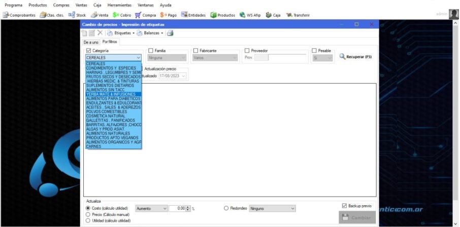 Captura real de Cuantico ERP: Pestaña Por filtros con las categorías para seleccionar productos.