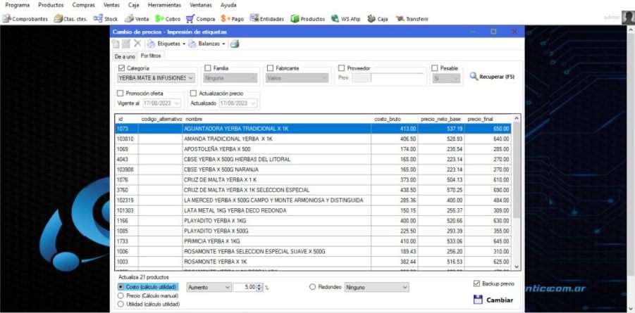 Captura real de Cuantico ERP: Productos filtrados por categoría y aumento porcentual de costo listo para aplicar.