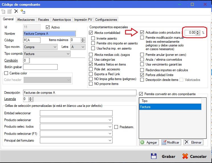 Captura real de Cuantico ERP: Código de comprobante Factura Compra A con la opción de actualizar costo y su porcentaje.