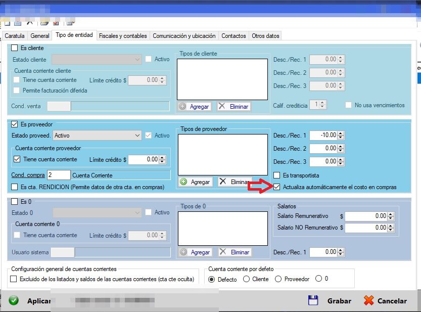 Captura real de Cuantico ERP: Ficha de la entidad proveedora con la opción de actualizar automáticamente el costo en compras.