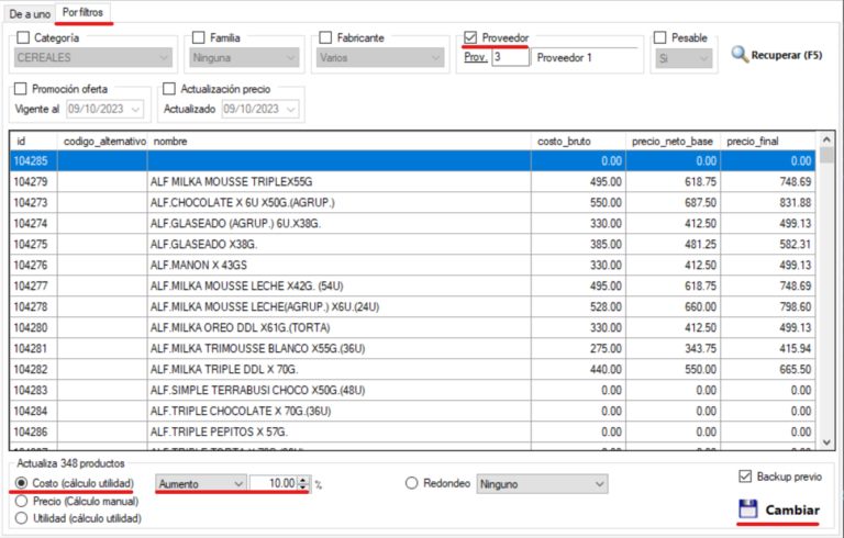 Captura real de Cuantico ERP: Cambio masivo de costos filtrando productos por proveedor, con aumento porcentual.