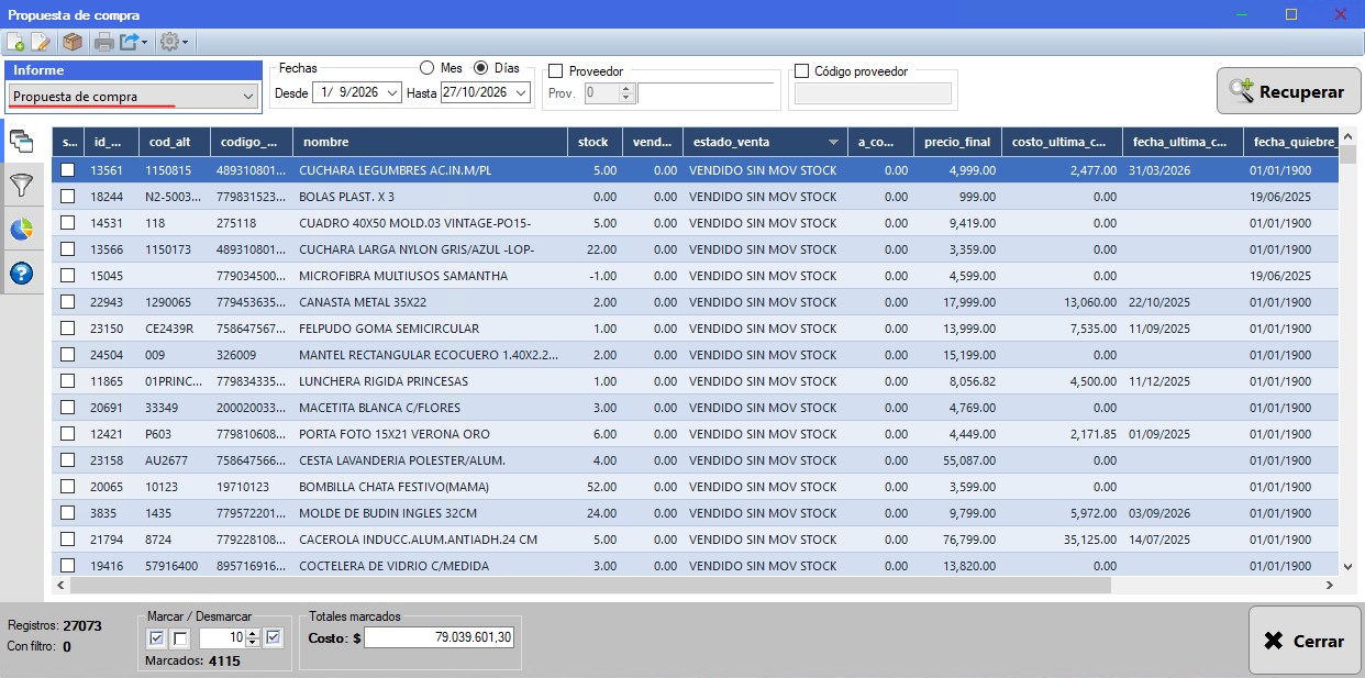 Captura real de Cuantico ERP: Informe de propuesta de compra: stock, estado de venta, precio final, costo y fecha de última compra, con selección de productos y costo total de lo marcado.