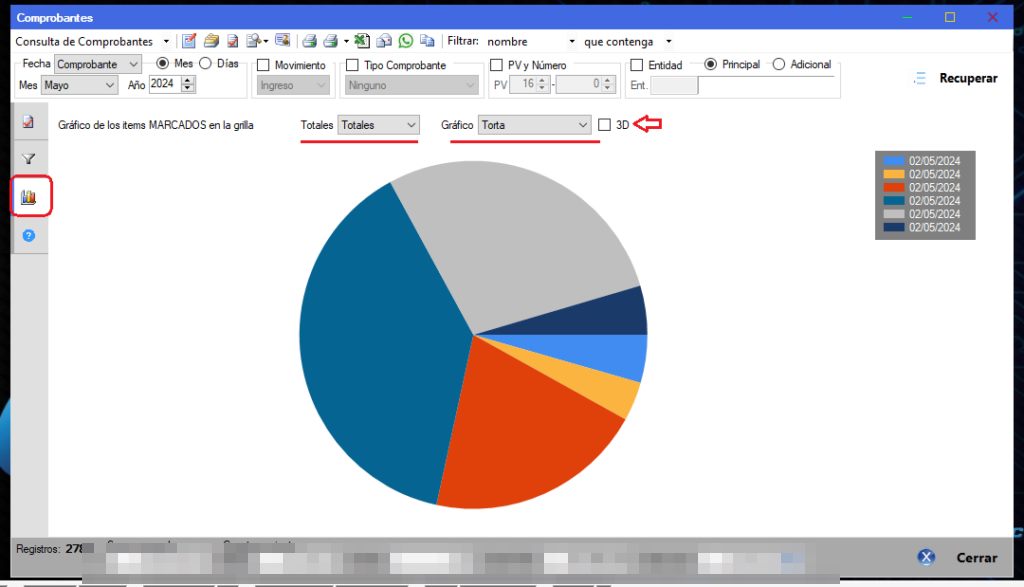 Captura real de Cuantico ERP: Gráfico de torta con los comprobantes marcados en la grilla.