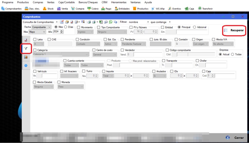 Captura real de Cuantico ERP: Pantalla de consulta de comprobantes con los filtros disponibles y el botón Recuperar.