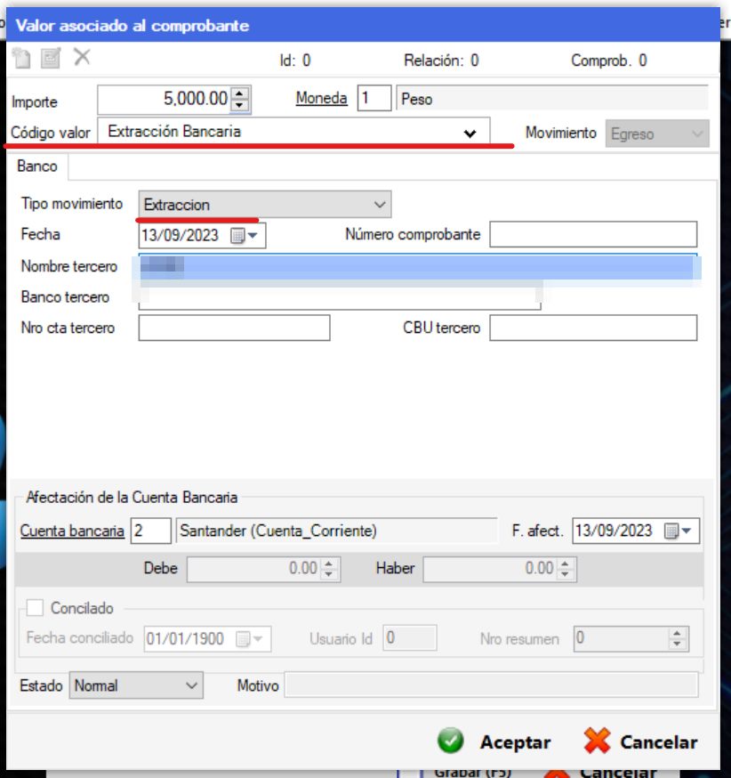 Captura real de Cuantico ERP: Datos del valor Extracción bancaria y cuenta bancaria afectada.