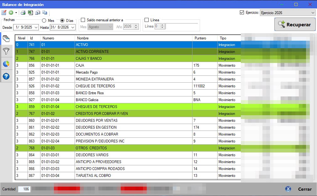 Captura real de Cuantico ERP: Balance de integración con niveles, tipo de cuenta y filtros por fecha.