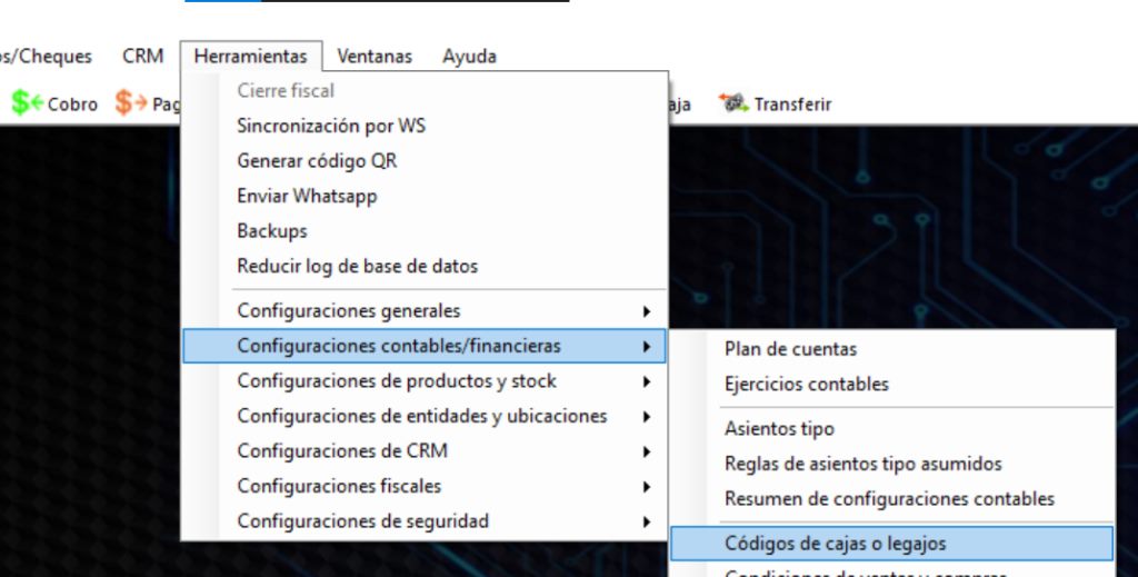 Captura real de Cuantico ERP: Menú Configuraciones contables con la opción Códigos de cajas o legajos.