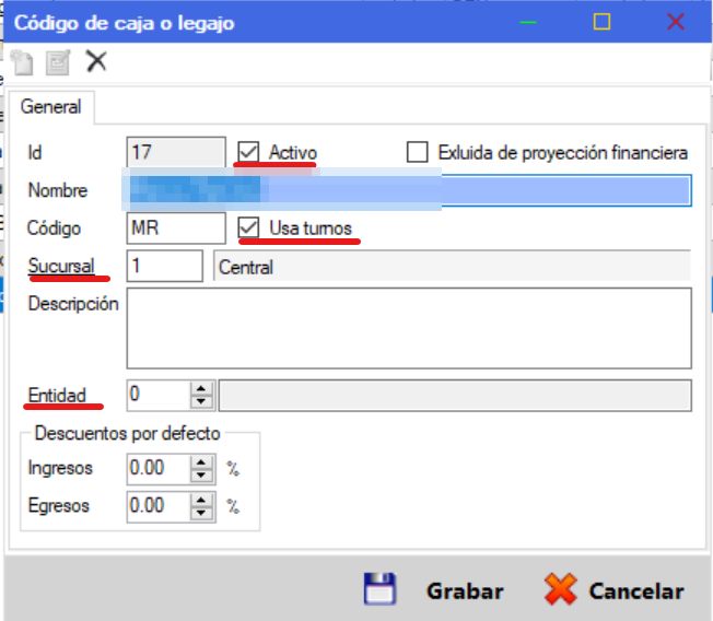 Captura real de Cuantico ERP: Ficha de código de caja con las opciones Activo, Usa turnos y Sucursal.