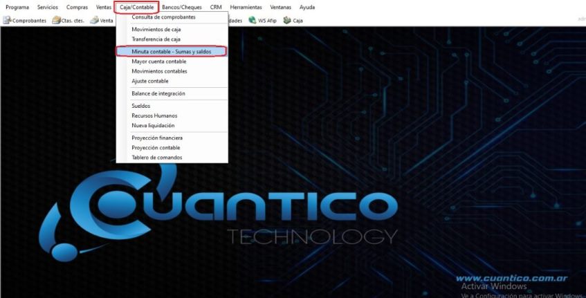 Captura real de Cuantico ERP: Menú Caja/Contable con la opción Minuta contable, Sumas y saldos.
