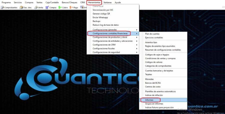 Captura real de Cuantico ERP: Menú Configuraciones contables/financieras con la opción Informes.