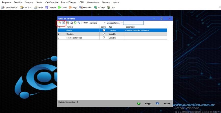 Captura real de Cuantico ERP: Grilla de informes con nombre, tipo y descripción.