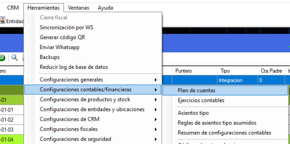 Captura real de Cuantico ERP: Menú Configuraciones contables/financieras con la opción Plan de cuentas.