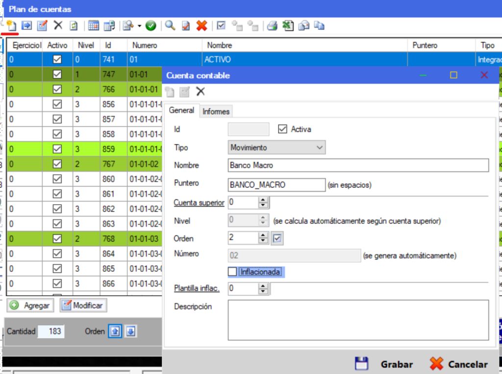 Captura real de Cuantico ERP: Grilla del plan de cuentas y ficha de cuenta contable con tipo, puntero y cuenta superior.