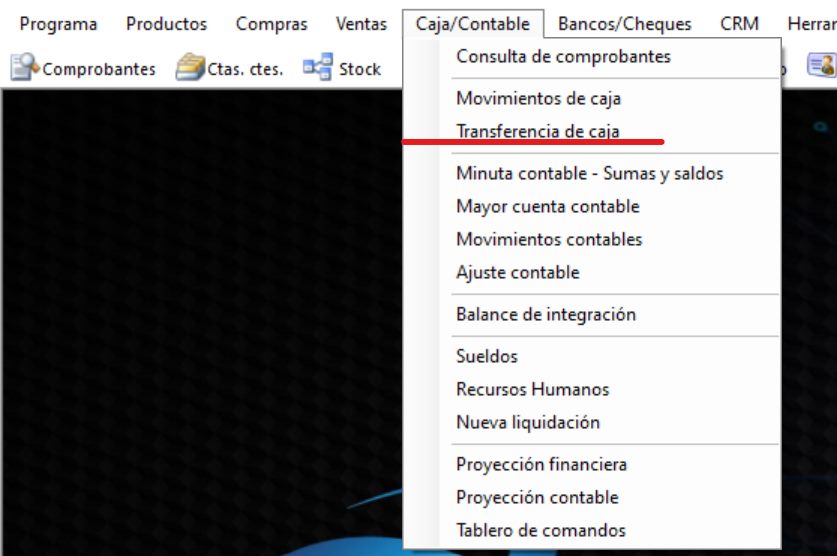 Captura real de Cuantico ERP: Menú Caja/Contable con la opción Transferencia de caja.