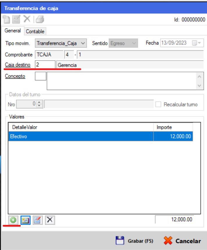 Captura real de Cuantico ERP: Ventana de transferencia de caja con caja destino y valores.