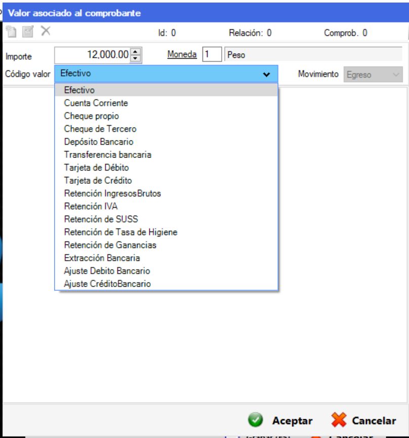 Captura real de Cuantico ERP: Selección del código de valor al agregar un importe a la transferencia.