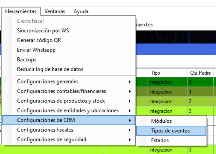 Captura real de Cuantico ERP: Menú Herramientas con Configuraciones de CRM y la opción Tipos de eventos.