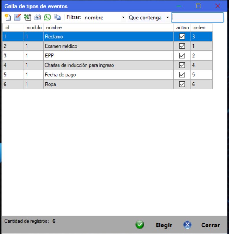 Captura real de Cuantico ERP: Grilla con los tipos de eventos activos y su orden.