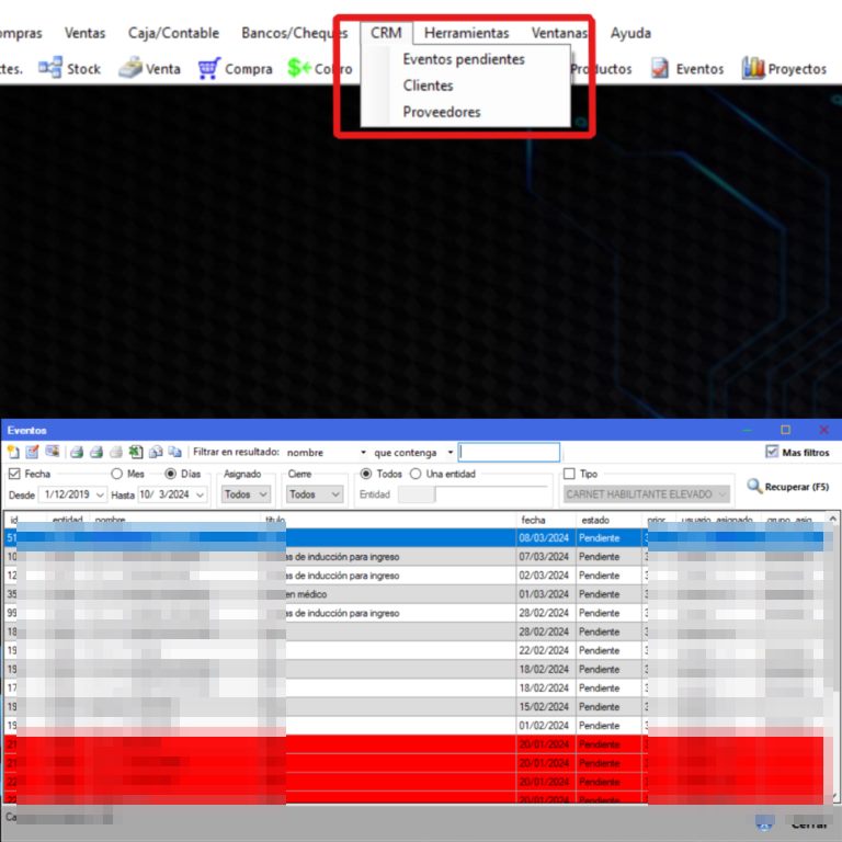 Captura real de Cuantico ERP: Menú CRM con Eventos pendientes y listado de eventos con filtros, estado y vencidos resaltados.