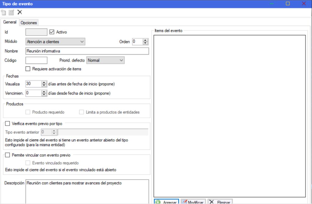 Captura real de Cuantico ERP: Pantalla de configuración de un tipo de evento con fechas, vencimiento e ítems.