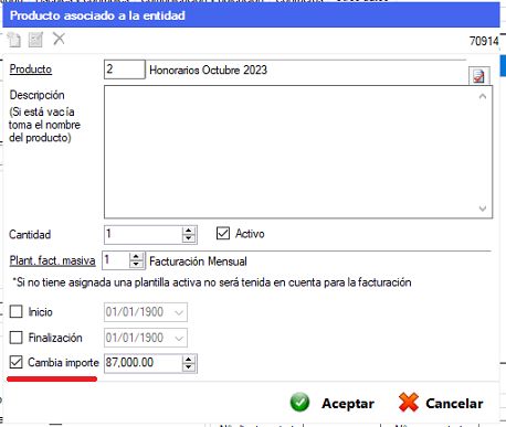Captura real de Cuantico ERP: Producto asociado a la entidad, con el importe que se actualiza en forma masiva.