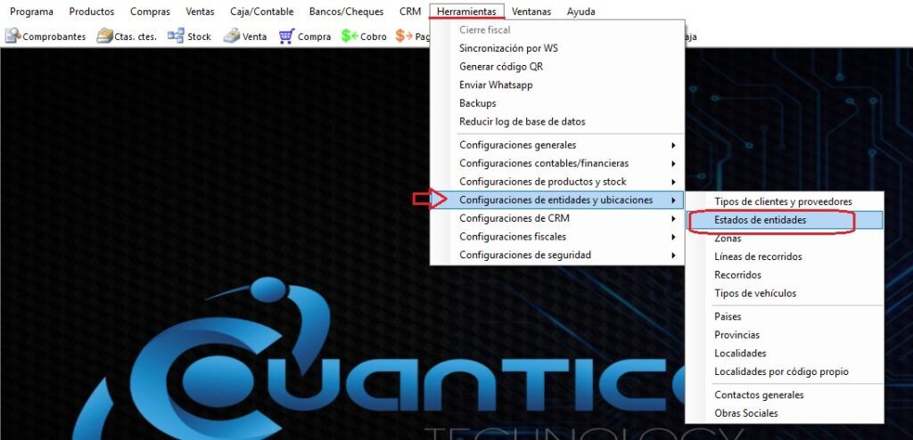 Captura real de Cuantico ERP: Menú Herramientas con la opción Estados de entidades.