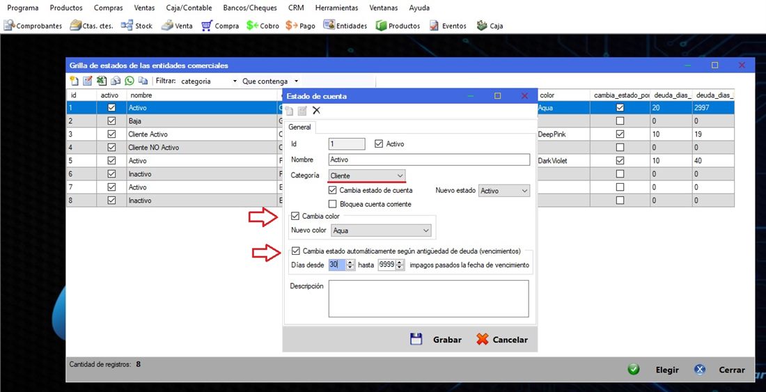 Captura real de Cuantico ERP: Edición de un estado con color y cambio automático según antigüedad de la deuda.