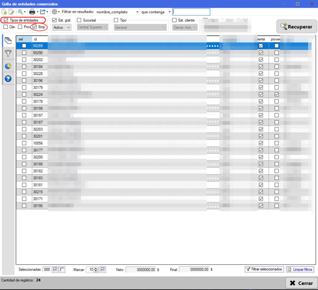 Captura real de Cuantico ERP: Grilla de entidades filtrada por tipo Empleado, con búsqueda y filtros.