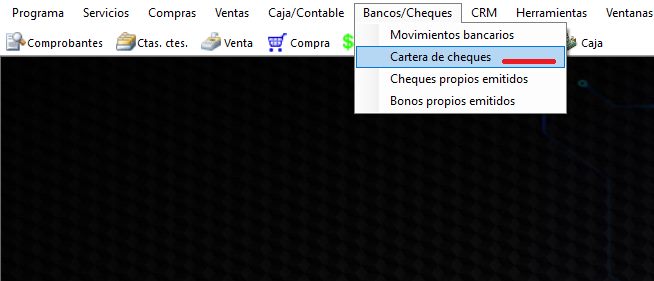 Captura real de Cuantico ERP: Menú Bancos/Cheques con la opción Cartera de cheques.
