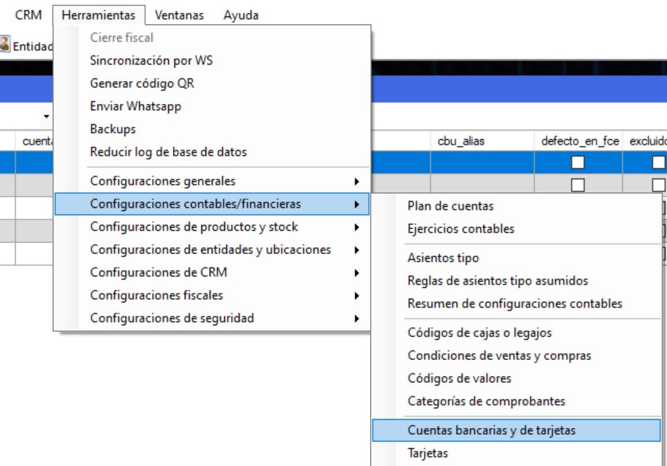 Captura real de Cuantico ERP: Menú Herramientas con la opción Cuentas bancarias y de tarjetas seleccionada.