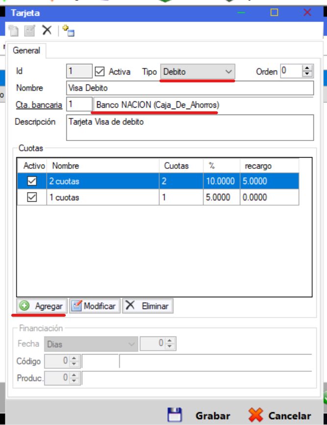 Captura real de Cuantico ERP: Ficha de tarjeta con cuenta bancaria vinculada y tabla de cuotas con recargo.