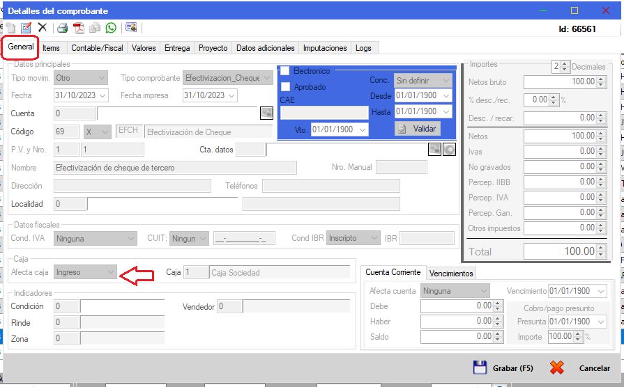 Captura real de Cuantico ERP: Comprobante de efectivización de cheque con la caja afectada como ingreso.