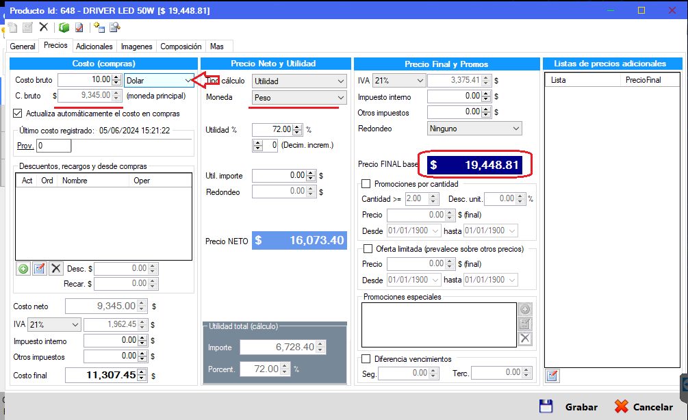 Captura real de Cuantico ERP: Ficha de producto con costo en dólares convertido a pesos y precio final.