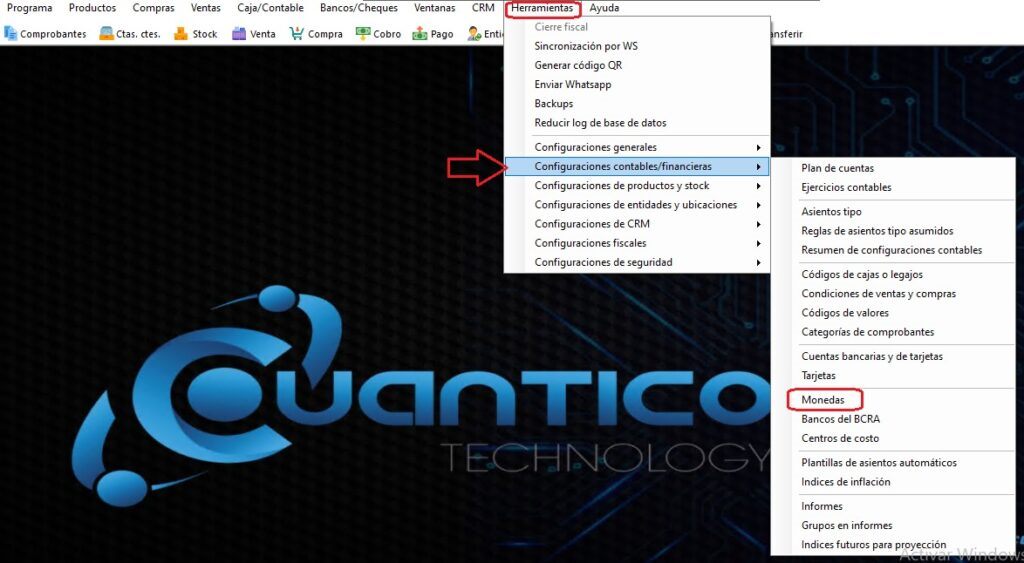 Captura real de Cuantico ERP: Menú Herramientas con las configuraciones contables y financieras, incluida Monedas.