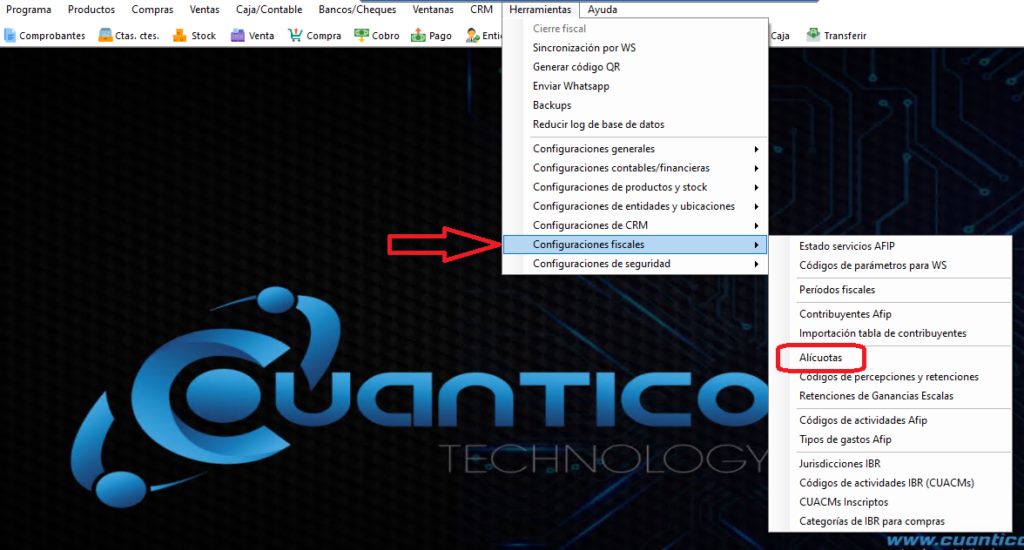Captura real de Cuantico ERP: Menú Configuraciones fiscales con Períodos fiscales, Alícuotas y Retenciones de Ganancias Escalas.