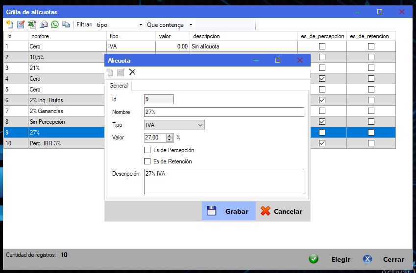 Captura real de Cuantico ERP: Ficha de alícuota con nombre, tipo, valor y opciones de percepción o retención.