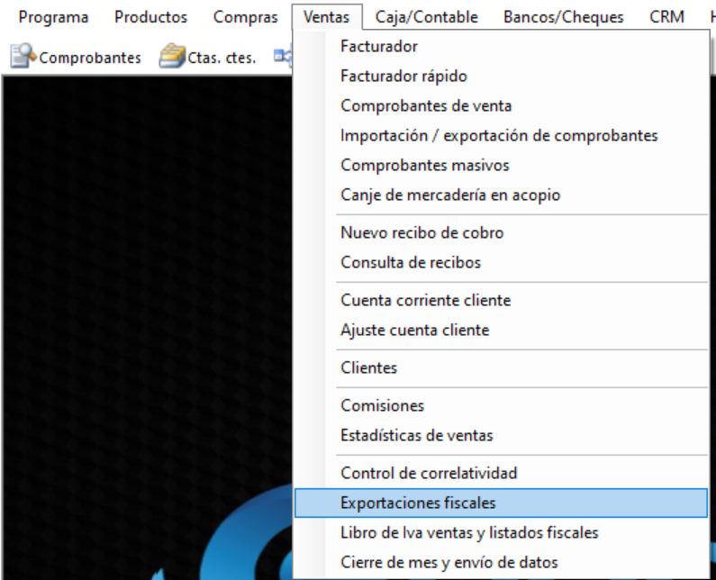 Captura real de Cuantico ERP: Menú Ventas con la opción Exportaciones fiscales.