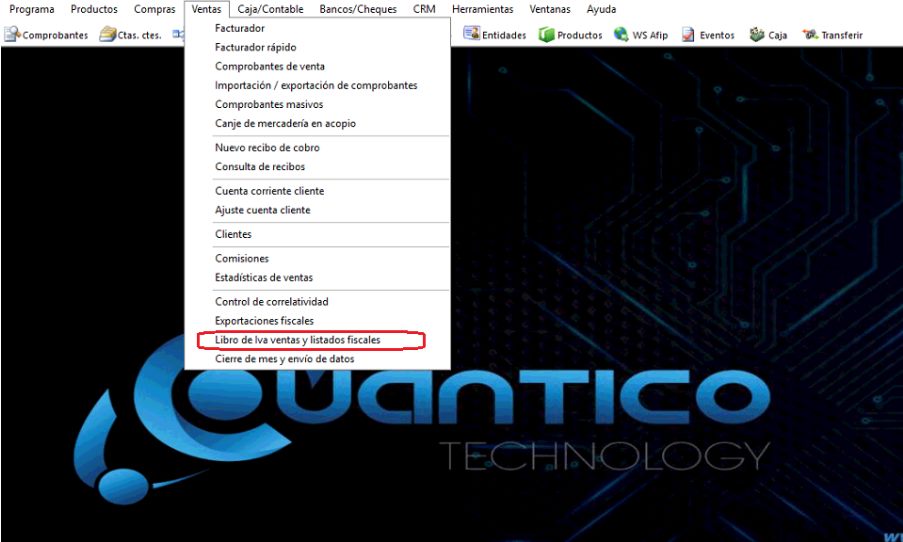 Captura real de Cuantico ERP: Menú Ventas con la opción Libro de IVA ventas y listados fiscales.