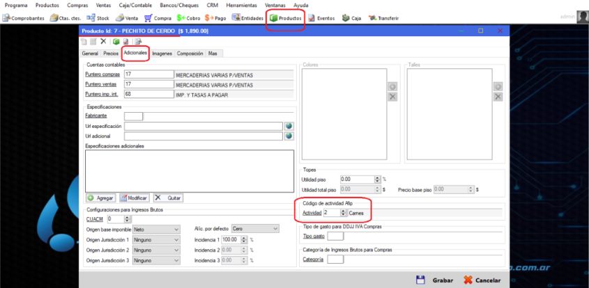 Captura real de Cuantico ERP: Ficha de producto con el código de actividad AFIP en la pestaña Adicionales.