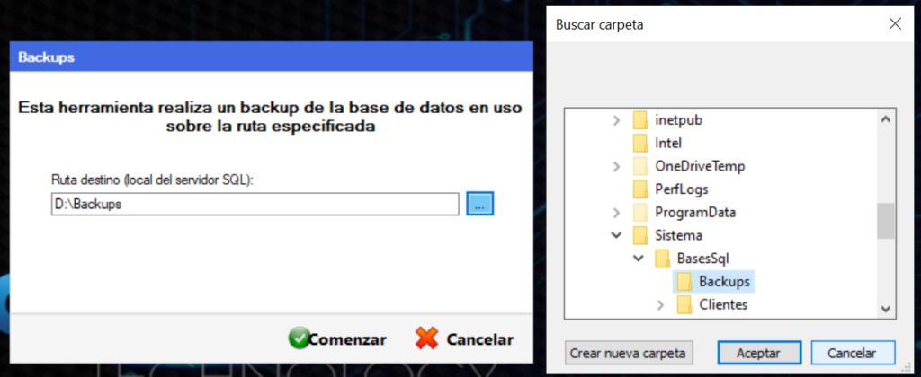 Captura real de Cuantico ERP: Ventana de Backups con la ruta destino y el selector de carpeta.